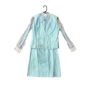 Vintage Jr. Theme Powder Blue Lace Sleeve Suit Bow Size 11 Retro Style Set
